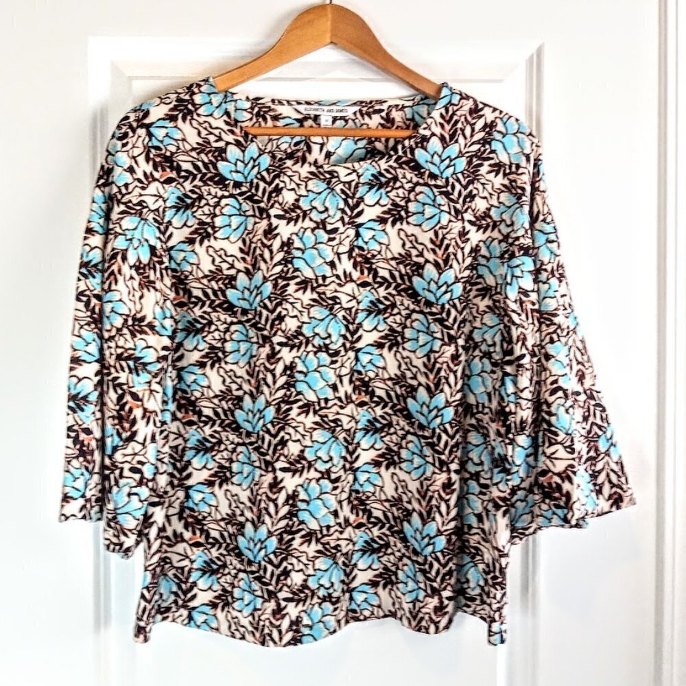 Elizabeth and James Blue Brown Print Bell Sleeve Top